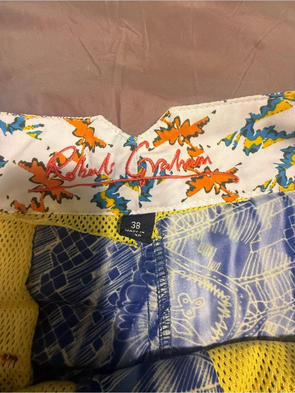 Robert Graham Blue Embroidered Car Geometric UnLined Swim Trunks Mens 38